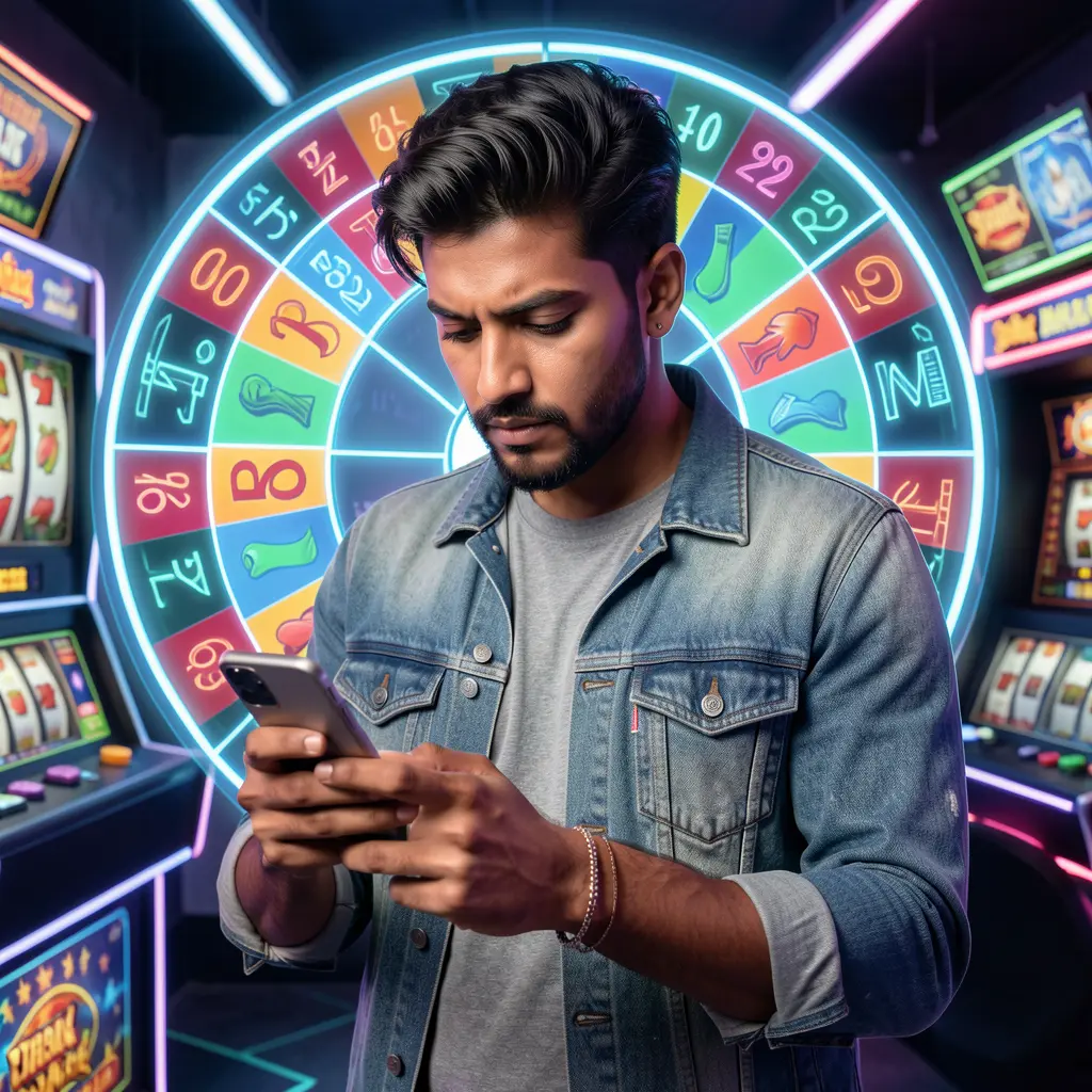 Confident Bangladeshi player enjoying the AQ55 casino app with glowing roulette symbols and slot icons creating a modern mobile gaming vibe