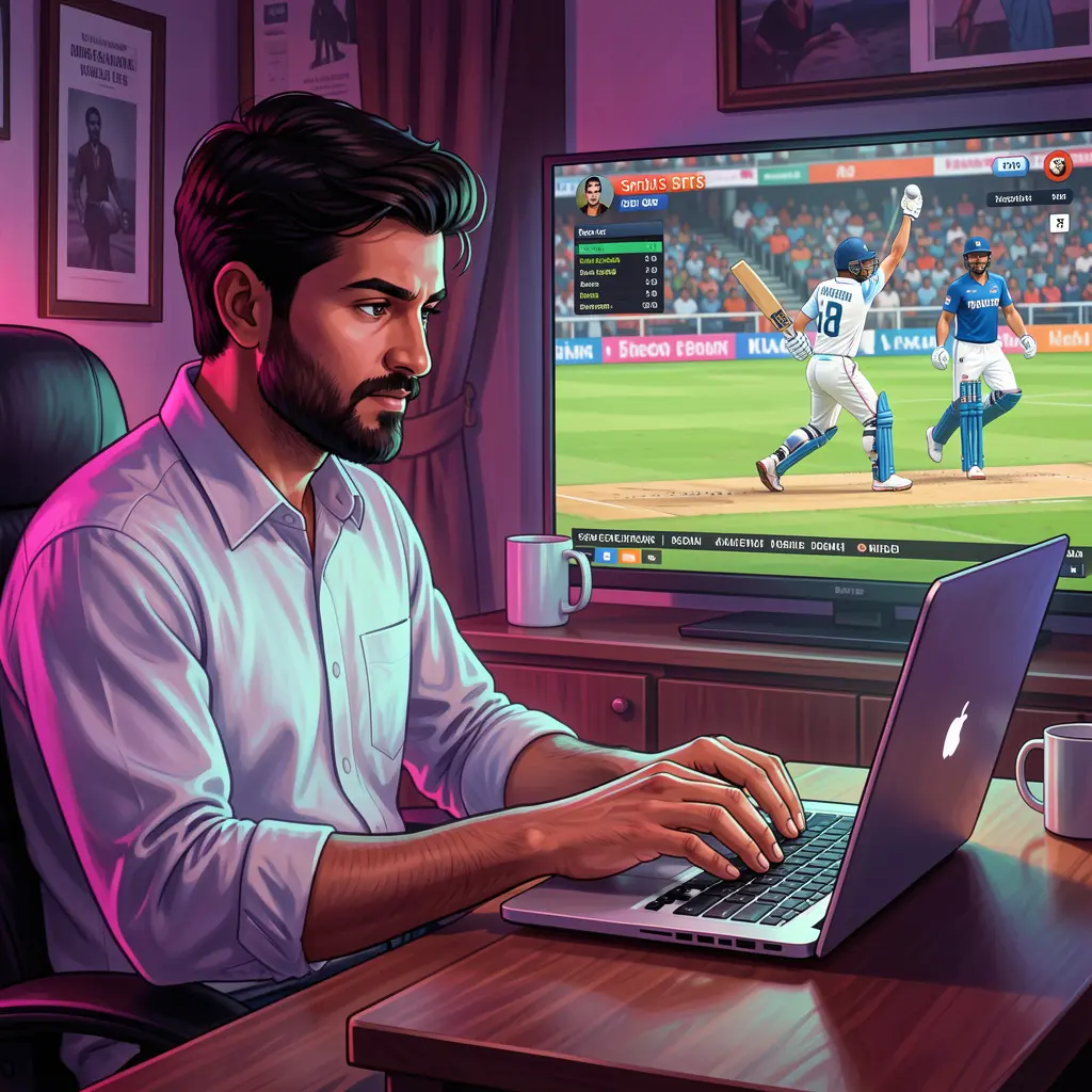 Confident Bangladeshi player placing live cricket bets on a laptop with stadium action displayed on screen using AQ55
