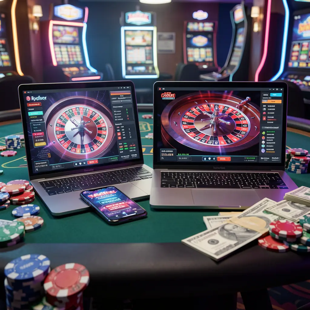 Modern online casino gameplay on a laptop and smartphone with a glowing roulette wheel and stacked chips representing the premium AQ55 casino experience in Bangladesh