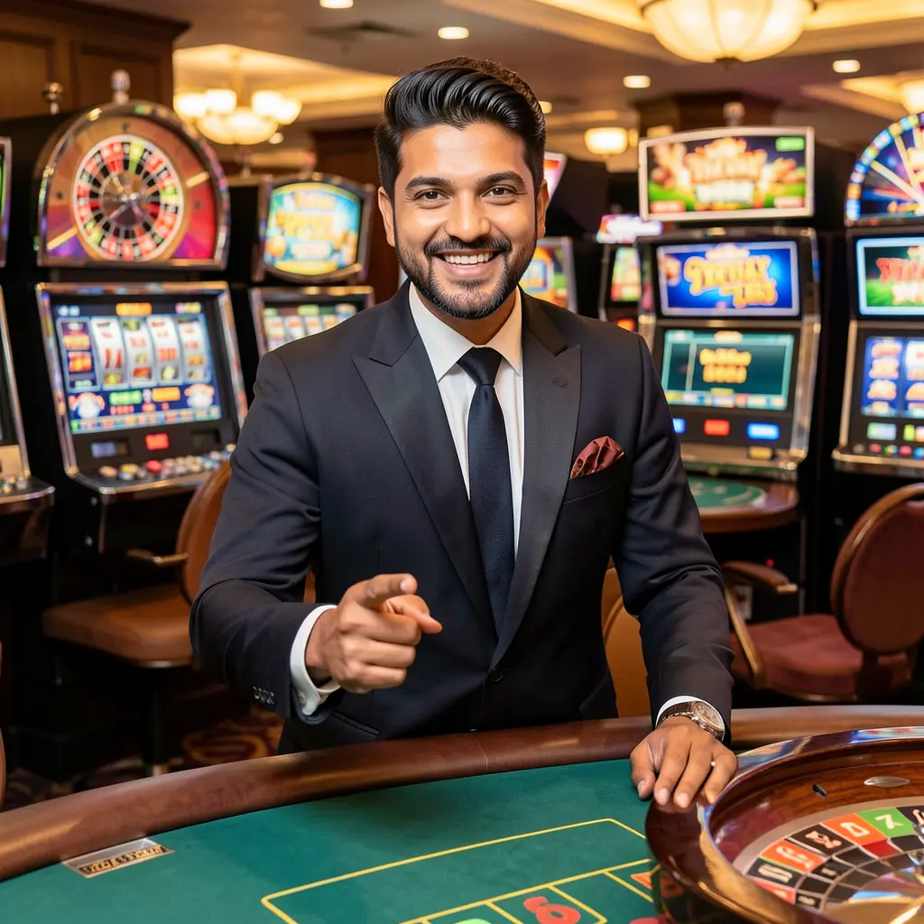 Smiling Bangladeshi AQ55 casino dealer pointing forward in a classic uniform with roulette and slot machines behind him inviting users to log in