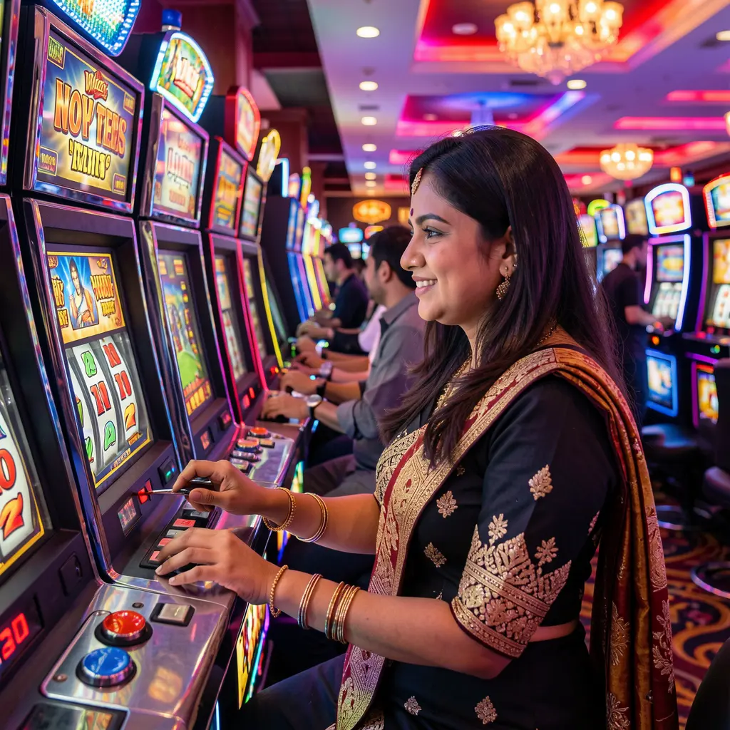 Focused Bangladeshi woman playing modern slot machines with vivid lights and immersive casino ambiance at AQ55 casino
